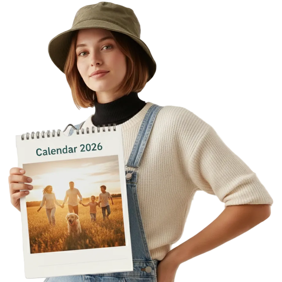 Person holding a calendar 2026 with a family photo on a white background
