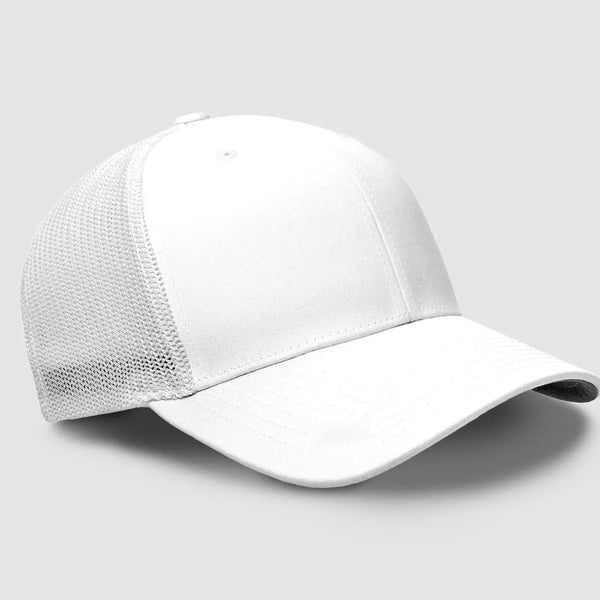 White baseball cap with mesh back on a light gray background